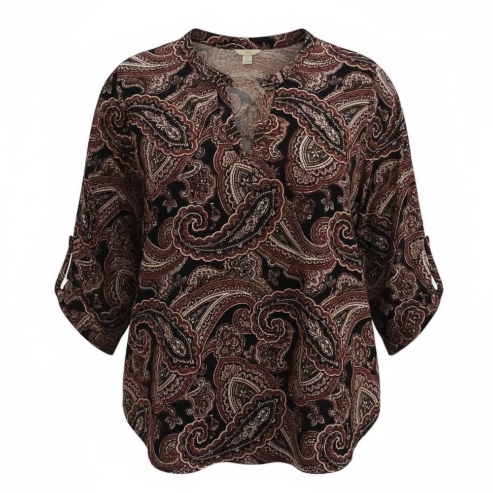 Bohemian Paisley Print Black Maroon Rust White Women's Top Size L